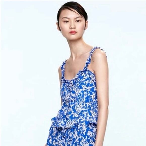 Zara Blue Floral Print Lace Up Tie Sleeveless Ruffle Strap Crop Tank Top Size S - Picture 4 of 9